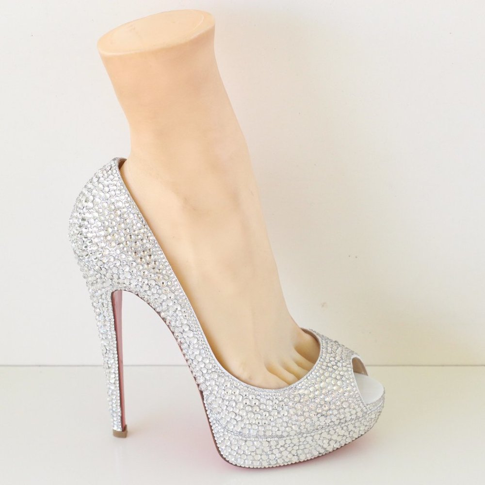 Christian Louboutin White Lady Peep Swarovski Crystal Custom Pumps